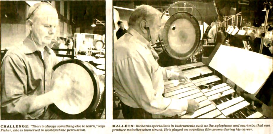 Photos of percussionists Michael Fisher (left) and Emil Richards (right) appeared with this article on percussion, "Precision Strike Force" in the Los Angeles Times, by author, violinist and violin teacher Constance Meyer.