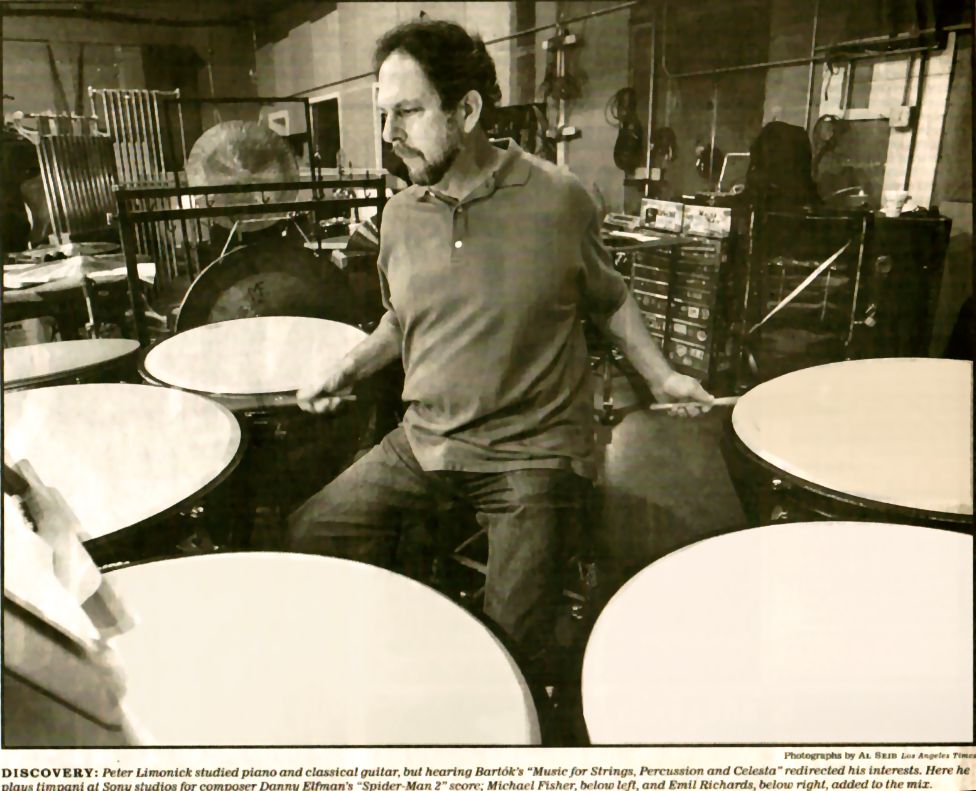 This photo of percussionist Peter Limonick appeared with this article on percussion, "Precision Strike Force" in the Los Angeles Times, by author, violinist and violin teacher Constance Meyer.